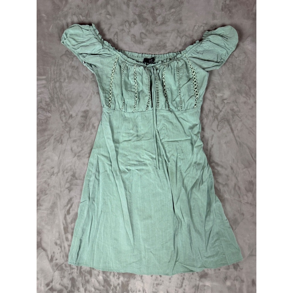 Lulus Sage Green Crochet Lace Off The Shoulder Puff Sleeve Mini Dress Size M
